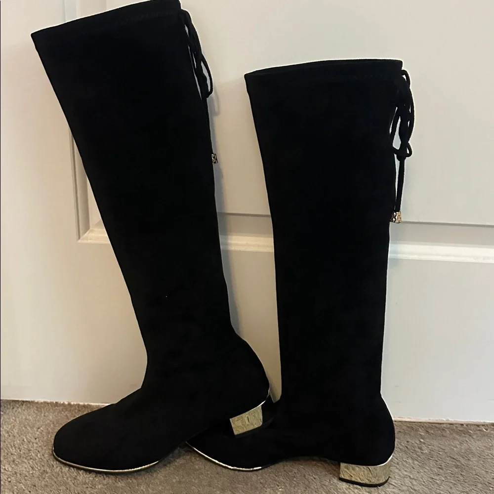 C. Paravano knee high black suede boots with gold heal. - Picture 2 of 7